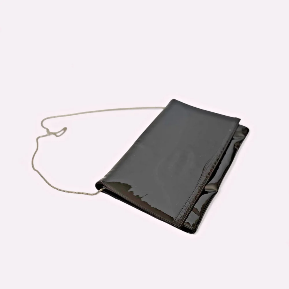 Black Patent Vinyl Envelope Clutch Gold Chain Vintage
